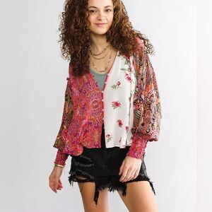 Free People Patchwork Floral Paisley Button Front Blouse Boho Core XS